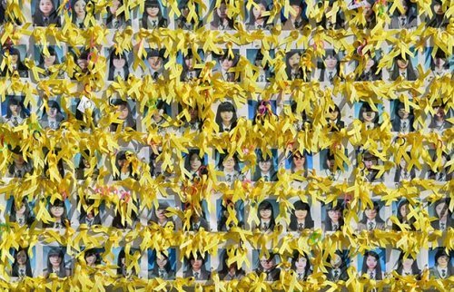 شش ماه پس از حادثه واژگونی کشتی سیول در کره جنوبی بازماندگان در اعتراض به سکوت حکومت پرتره قربانیان را در میدان گوانگوامون سئول نصب کرده اند