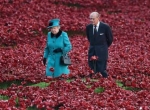 ملکه انگلیس و دوک ادینبورگ در محوطه « زمین های شسته با خون و دریای سرخ» در مرکز لندن که شامل 800000 گل سرامیکی به یاد درگذشتگان جنگ جهانی اول است